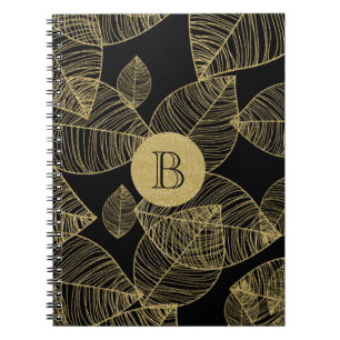 Espiral Folhas Douradas em Caderno Jornal Elegante Preto