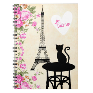 Espiral Gato de Paris Je T'aime e caderno da torre Eiffel