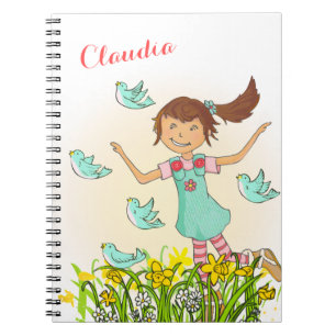 Espiral Menina do primavera que persegue o caderno dos