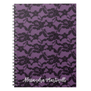 Espiral Renda Floral Preta em Caderno Roxo