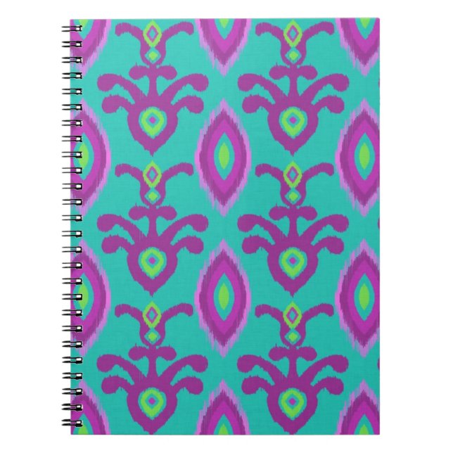 Espiral Turquesa e caderno roxo do design de Ikat (Frente)