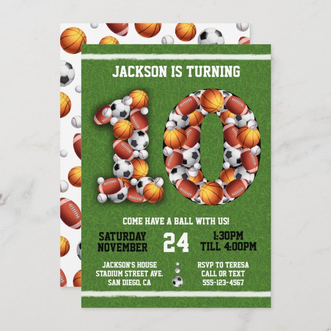 Esporte Themed Balls 10º Convite de aniversário (Frente/Verso)