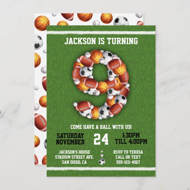 Esportes Themed Balls 9º Convite de aniversário (Frente/Verso)