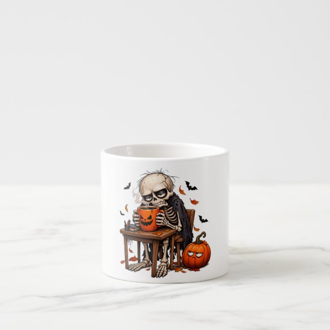 Esqueleto Bebendo em Caneca de Abóbora de Hallowee (Frente)