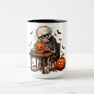 Esqueleto Bebendo em Caneca de Abóbora de Hallowee