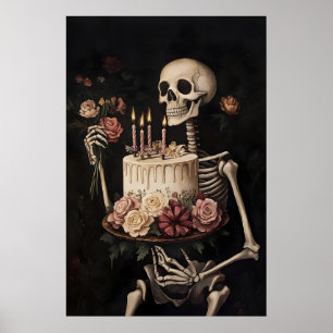 Esqueleto com impressão de bolo e flores, Feliz
