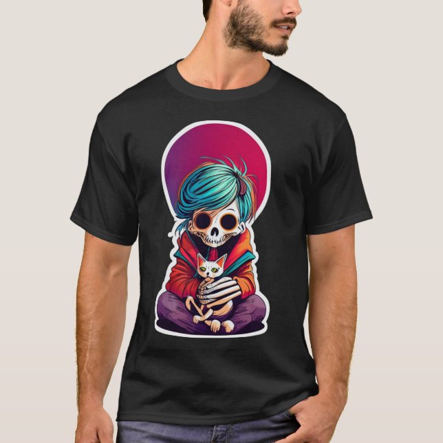 Esqueleto De Anime Segurando Uma Camisa De Gato No (Frente)