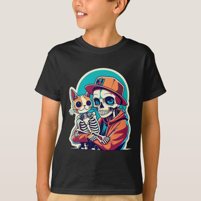 Esqueleto De Anime Segurando Uma Camisa De Gato No (Frente)