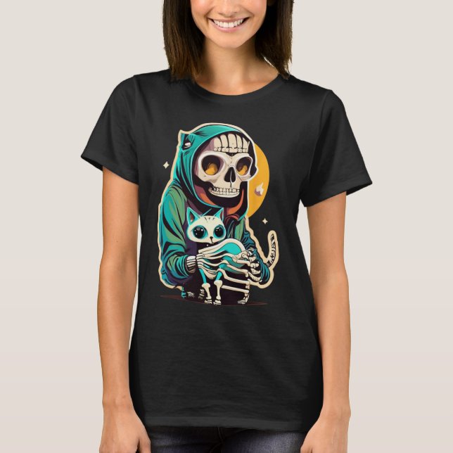 Esqueleto De Anime Segurando Uma Camisa De Gato No (Frente)