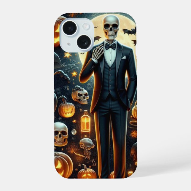 Esqueleto de Halloween em um Tux com Pumpkin e Fan (Verso)