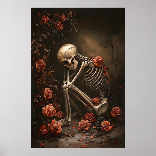 Esqueleto em Impressão de Rosas, Halloween Gótico (Frente)