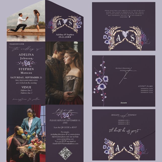 Esqueleto Gótico Mãos Escuro Romance Casamento Flo (Gothic Skeleton Hands Dark Romance Victorian Renaissance Dramatic Floral AIO Wedding Invitation)