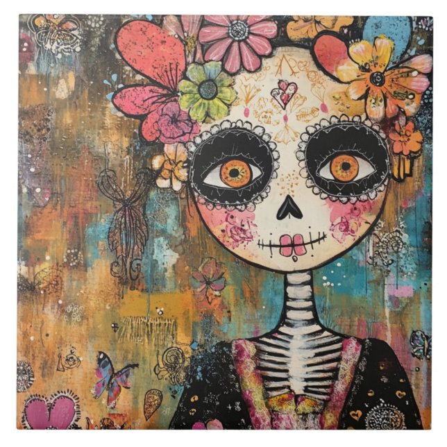 Esqueleto La Catrina com Coroa de Flores (Frente)
