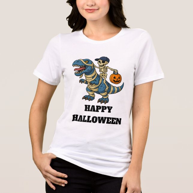 Esqueleto Montando Camisa de Halloween T-Rex (Frente)