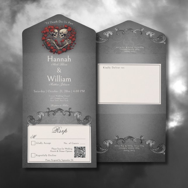 Esqueletos Góticos Sombrios & Coração de Rosa Códi (Gothic Dark Skeletons & Rose Heart All In One Wedding Invitation with QR Code)