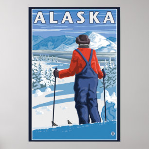 Esqui no poster das viagens vintage de Alaska