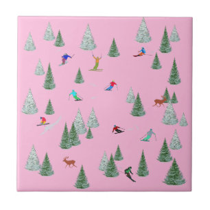 Esquiadores Esqui Descendo Ilustração Rosa Pastel