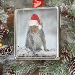 Esquilo Jolly com Ornamento Quadrado de Santa Hat<br><div class="desc">Este esquilo alegre com um chapéu de Papai Noel está pronto para animar sua árvore de Natal. A neve caiu,  e ele é apenas loucos sobre as férias e sobre adicionar um toque de capricho ao seu decoro de férias.</div>
