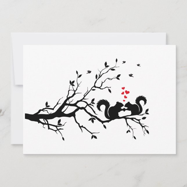 Esquilos com corações vermelhos no galho da árvore (Frente)