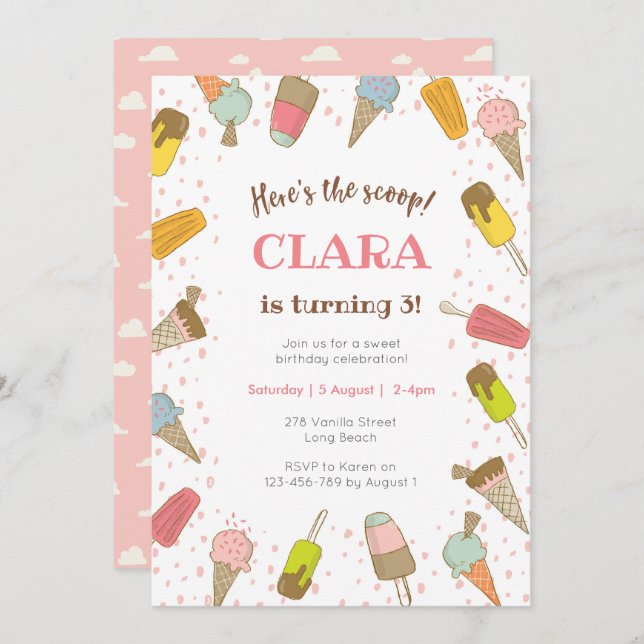 Está aqui o convite do aniversário do sorvete da (Frente/Verso)