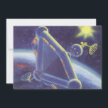 Estação Espacial Vintage Science Fiction Orbiting<br><div class="desc">Ilustração de safra futurista e imagem de ficção científica de planetas. Uma estação espacial orbitando ao redor de um planeta ou lua com um sol brilhante brilhando no céu no futuro. Um clássico design de quadrinhos retrô de ficção científica.</div>