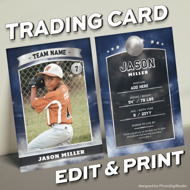 Estádio Blue Silver do Cartão de Baseball Personal (Custom Trading Card, Editable Baseball Trading Card, Modern Blue Silver Stadium Design)