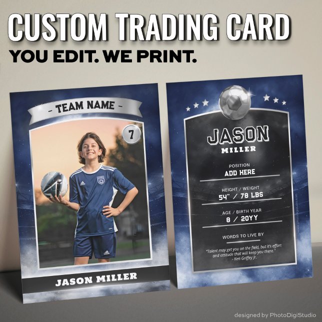Estádio Blue Silver do Cartão de Futebol Personali (Custom Trading Card, Editable Soccer Trading Card, Modern Blue Silver Stadium Design)