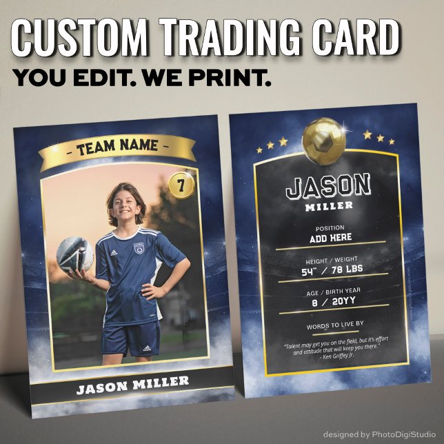 Estádio Dourado Azul do Cartão de Acesso Personali (Custom Trading Card, Editable Soccer Trading Card, Modern Blue Gold Stadium Design)
