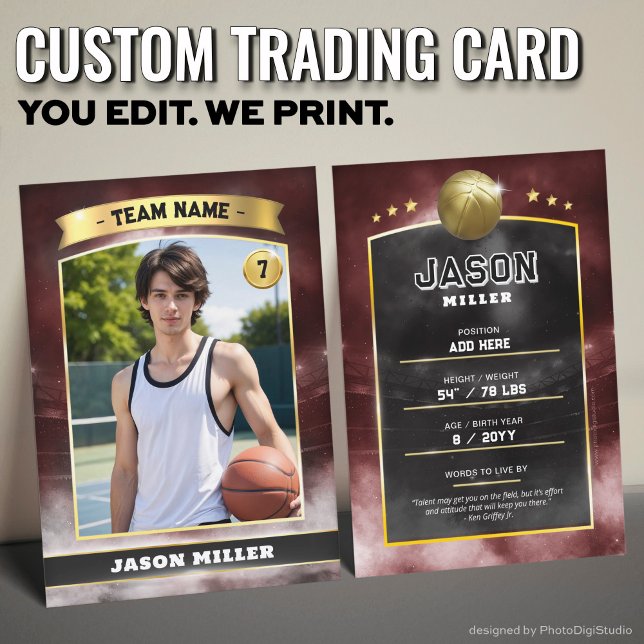 Estádio Dourado de Cartão de Basquete Personalizad (Custom Trading Card, Editable Basketball Trading Card, Modern Red Gold Stadium Design)