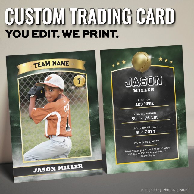 Estádio Dourado do Cartão Comercial de Baseball Pe (Custom Trading Card, Editable Baseball Trading Card, Modern Green Gold Stadium Design)