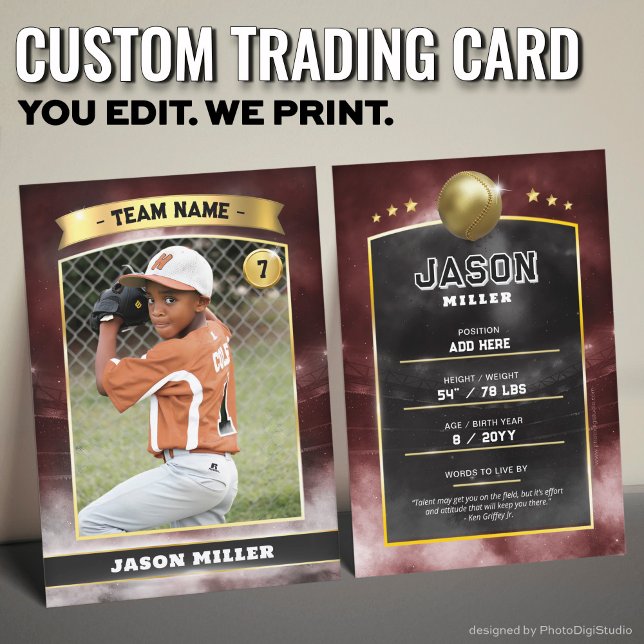 Estádio Dourado do Cartão de Comércio de Baseball  (Custom Trading Card, Editable Baseball Trading Card, Modern Red Gold Stadium Design)