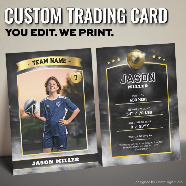 Estádio Dourado do Cartão de Futebol Personalizado (Custom Trading Card, Editable Soccer Trading Card, Modern Black Gold Stadium Design)