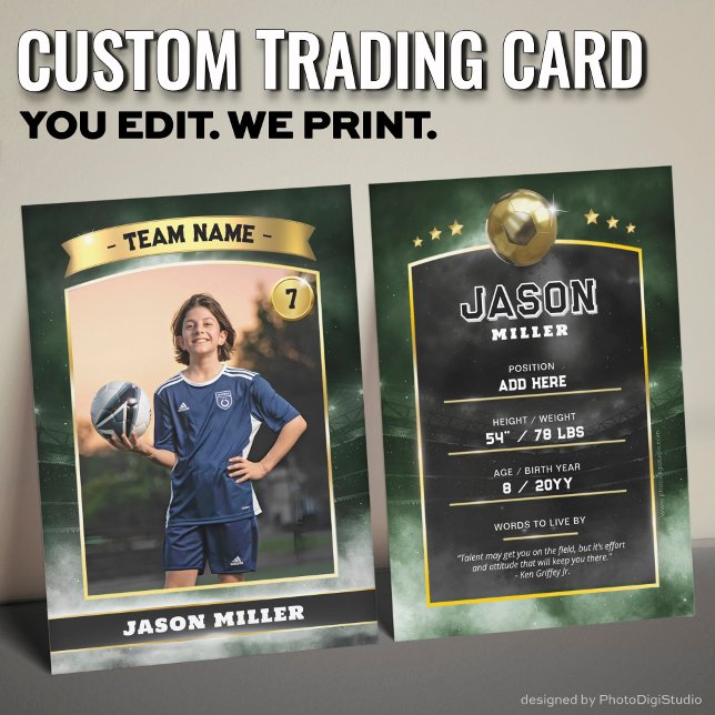 Estádio Dourado Verde do Cartão de Futebol Persona (Custom Trading Card, Editable Soccer Trading Card, Modern Green Gold Stadium Design)