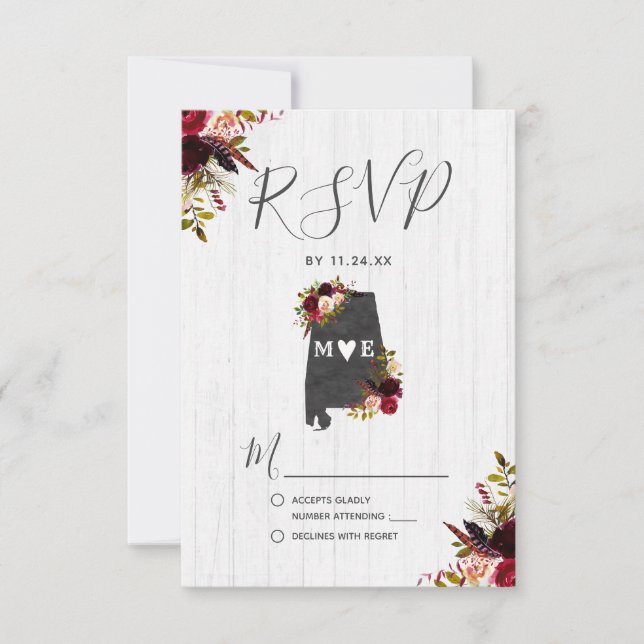 Estado do Alabama Destino Rustic Wedding RSVP (Frente)