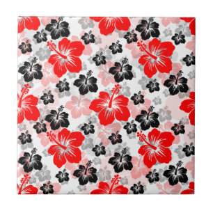 Estampa Floral Hibisco Tropical Preto Vermelho