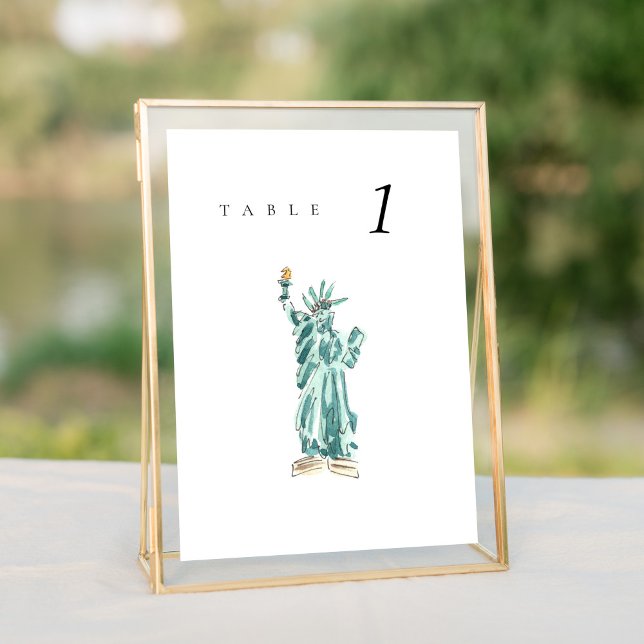Estátua da Liberty Nova York Número da Mesa de Cas (Watercolor Statue of Liberty New York City Skyline wedding table number sign.)