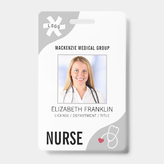 Estetoscópio Médico Cinzas Editáveis Crachá NURSE (Frente)