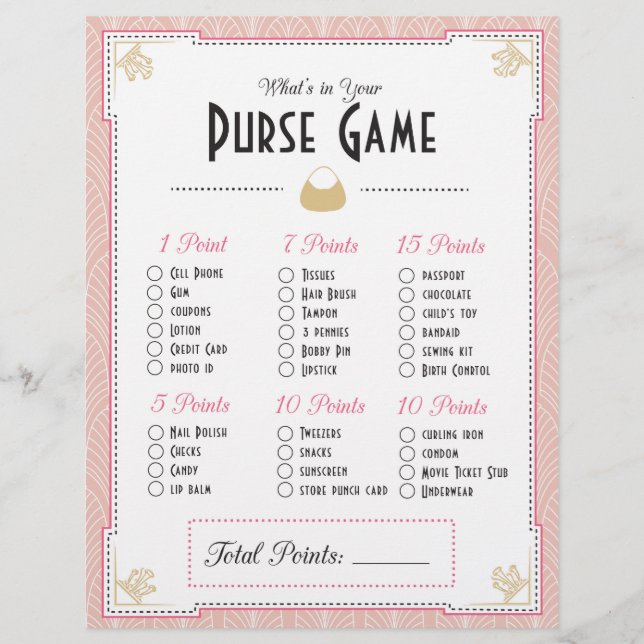 Estilo Art Deco O que há na sua bolsa? Jogo (Frente)