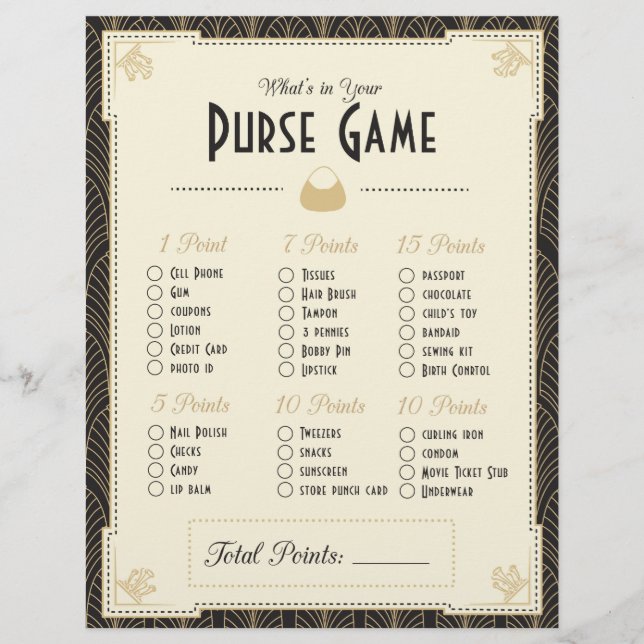 Estilo Art Deco O que há na sua bolsa? Jogo (Frente)