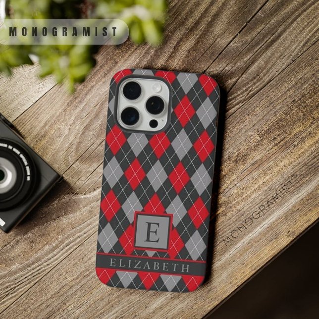 Estilo de cor preto personalizável da Cinza vermel (Customizable Black Red Grey Color Argyle iPhone Case)