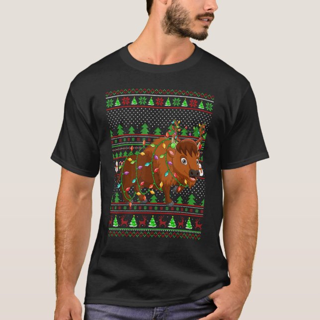 Estilo de Suéter de Xmas Feio Iluminar Bison Natal (Frente)