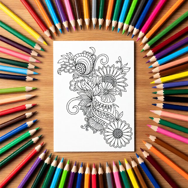 Estilo Doodle Floral Cartão para Colorir Você Mesm (Criador carregado)