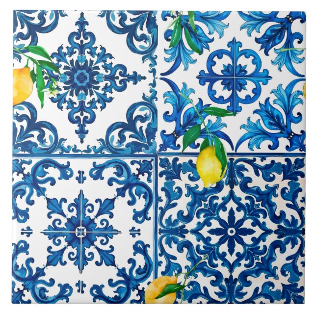 estilo italiano,Mediterrâneo,mosaico,azul,limão (Frente)
