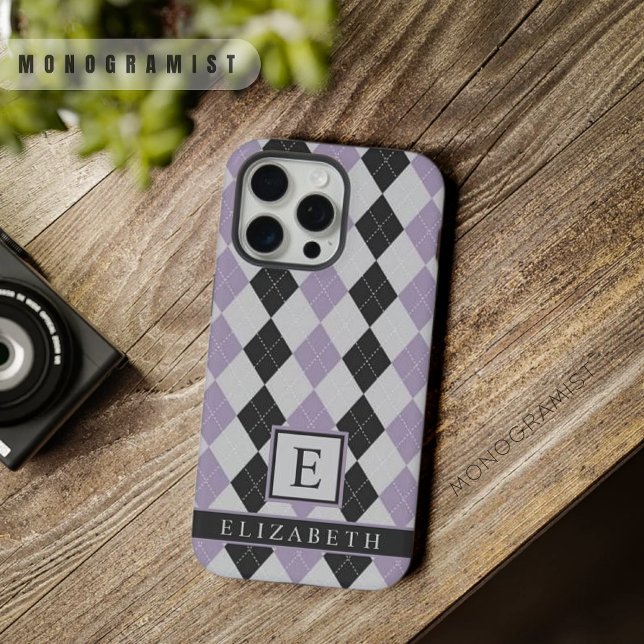 Estilo preto roxo de Lavanda flexível personalizáv (Customizable Soft Lavender Purple Black Argyle iPhone Case)