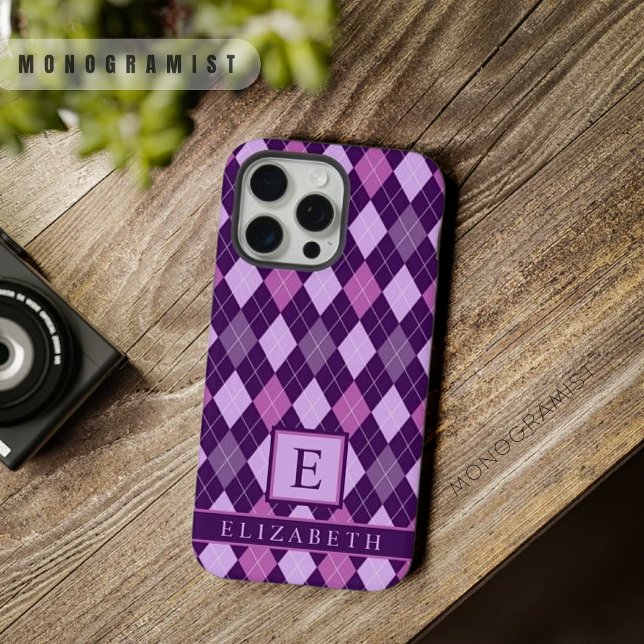 Estilo Rosa Violeta Rosa Púrpura e Claro Personali (Customizable Light Purple Dark Violet Pink Argyle iPhone Case)