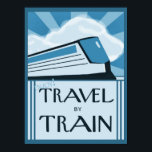 Estilo Vintage Art Deco Poster de viagens<br><div class="desc">Minha versão imaginada de um trem aerodinâmico elegante é o foco deste impressão retrô. O texto do estilo deco na imagem monocromática azul convida você a "desfrutar de viagem por trem". Da minha imagem original criada digitalmente.</div>