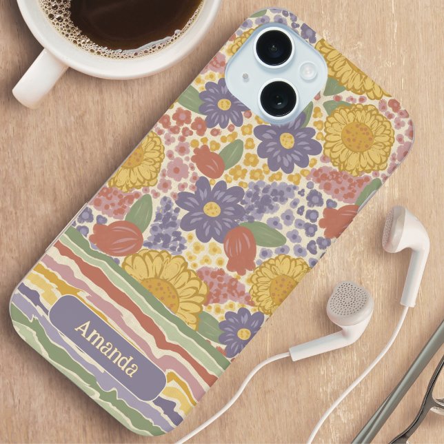 Estojo de Telefone com Listra Floral e Nome Person (Personalized Floral Stripe Phone Case - Gift for Her)