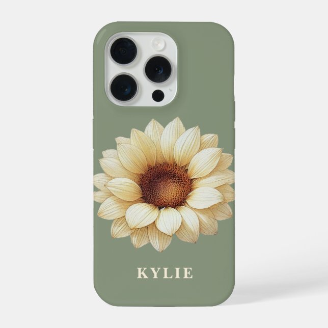 Estojo de telefone verde sage com nome de girassol (Verso)