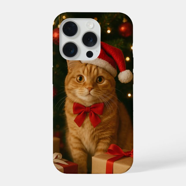 Estojo para iPhone 15 Pro Gato com Fita de Natal (Verso)