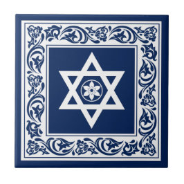Estrela de Davi Judaica Branca com Barroco Azul